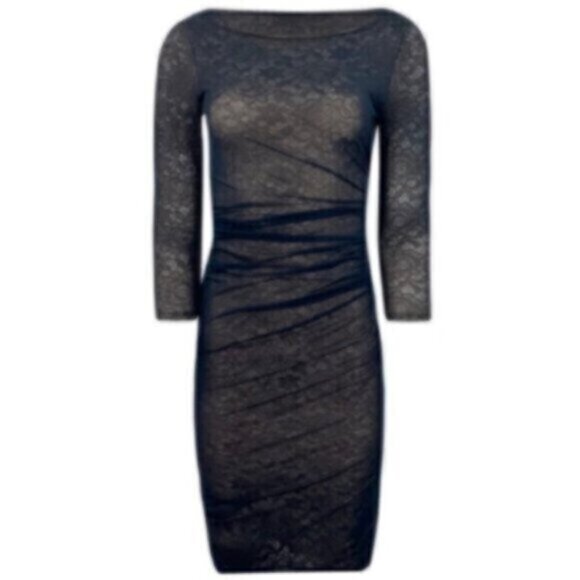 Reiss Dark Blue Sheer Lace Underlay Ruched Bodycon Dress - Picture 3 of 14